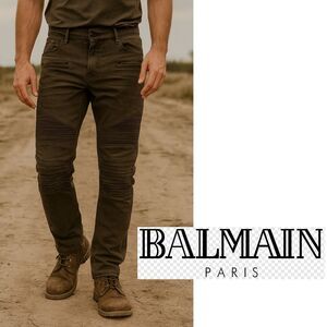 Balmain Paris Moto Biker Ribbed Skinny Jeans Distressed Olive Brown Size 32